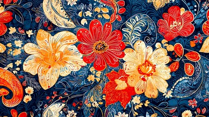 A watercolor floral pattern featuring red and yellow flowers on a blue background, where each bloom adds a touch of warmth and vibrancy to the cool backdrop.