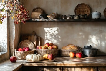 Wall Mural - Rustic kitchen interior featuring baskets of apples, bread, and decorative pumpkin during autumn light