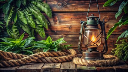 worn wooden planks, vintage metal lantern, and frayed rope entwined with lush greenery, evoking a sense of adventure and wilderness serenity.