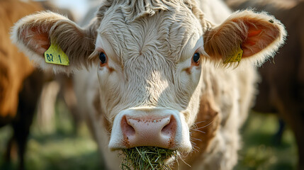 Captivating Close Up of a Curious Cow Grazing in a Lush Pastoral Landscape