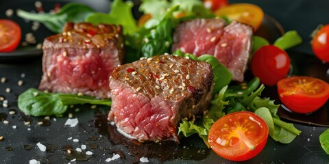 Wall Mural - Japanese seared beef fillet with crisp lettuce and juicy tomatoes