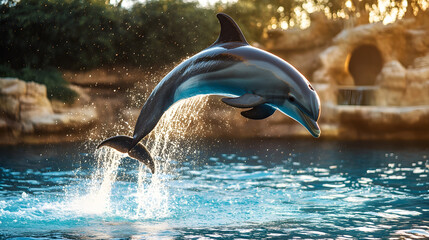 Playful Dolphin Leaping from Turquoise Waves in Tropical Seascape