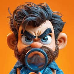 3D render of a man with brown hair, blue eyes, and a beard, wearing a blue tweed coat and brown vest, holding a magnifying glass, with an angry expression, isolated on an orange background.