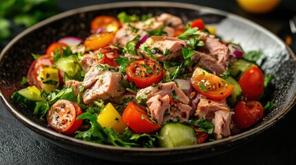 A hearty salad filled with tuna chunks, cherry tomatoes, cucumbers, and leafy greens, garnished with fresh herbs, celebrates a healthy and delicious meal.