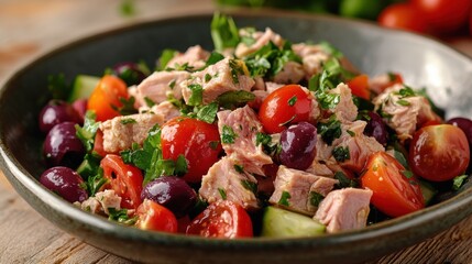 Wall Mural - A vibrant bowl of tuna salad with cherry tomatoes, olives, and fresh parsley, capturing the essence of a healthy and flavorful meal.