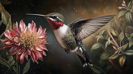 Canvas Print - A Hummingbird Hovering Near a Pink Flower