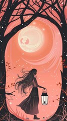 Wall Mural - Woman with Lantern in Enchanting Forest.