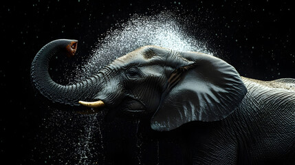 Majestic Elephant Spraying Water Under Starry Night Sky