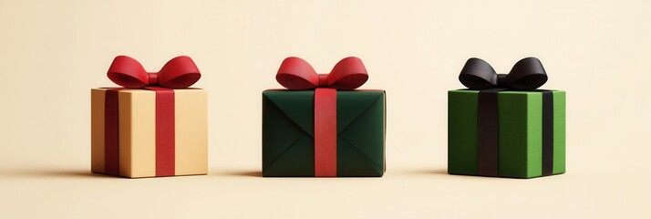 Poster - Brightly wrapped minimalist Christmas gift boxes featuring vibrant ribbons are arranged in a modern geometric style for the holidays. Generative AI