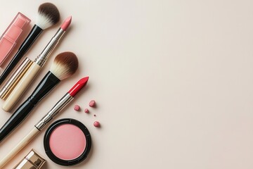 Sticker - Cosmetic products including lipsticks, makeup brushes, and powder are neatly arranged on a soft light background, showcasing beauty essentials. Generative AI