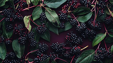 Wall Mural - Flying Elderberries, Unripe Berries, Leaves, and Stems, showcasing fruit and vegetables levitating