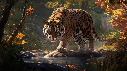 Sticker - A Tiger Standing on Rocks by a Stream in a Forest