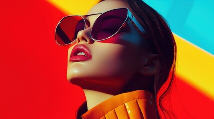 Canvas Print - Woman in Sunglasses with Red Lips and a Yellow Jacket