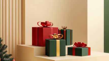 Aufkleber - Minimalist Christmas gift boxes in geometric shapes feature vibrant ribbons, artistically arranged for a festive holiday display. Generative AI