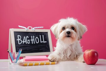 Poster - A small white dog sits comfortably next to an apple, perfect for any education or office scene