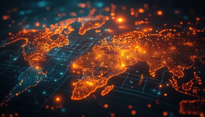 Stylized digital map with payment routes glowing, global transactions, financial networks