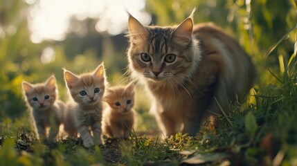 Wall Mural - A Mother Cat and Her Kittens Walking Through Grass