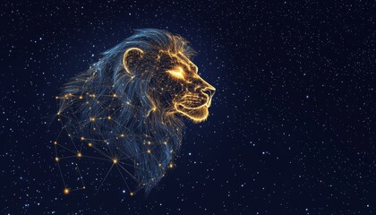 Digital art of the leo constellation illuminated against a starry night sky with cosmic elements
