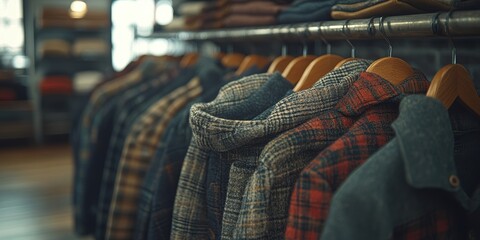 A warm and inviting clothing store with a display of various stylish and cozy plaid jackets hanging on a metal rack, creating a welcoming shopping atmosphere