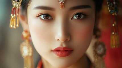 Wall Mural - Close-up Portrait of a Woman with Traditional Asian Jewelry