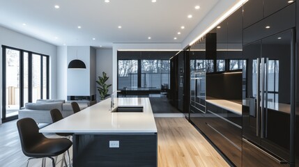 Poster - Modern Kitchen Interior Design with Black Cabinets and White Countertops