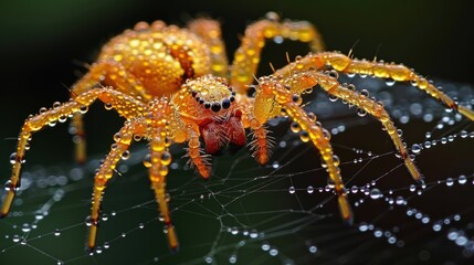 A close-up photograph of a vibrant orange spider drenched in water droplets while standing on its intricate delicate web showcasing exquisite details in a natural environment