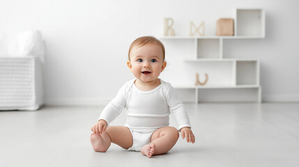 Sticker - Adorable baby smiling and sitting in a white onesie mockup