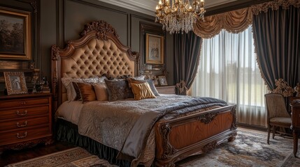 Poster - Luxurious Bedroom Interior Design with Ornate Headboard and Elegant Furnishings