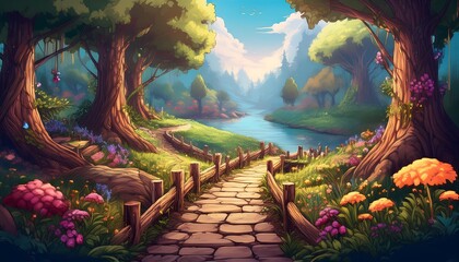 Wall Mural - Forest Pathway with Pixelated Details - pixel art scene of a narrow, winding forest path surrounded by trees. Game design asset. Graphic art 8 bit illustration poster