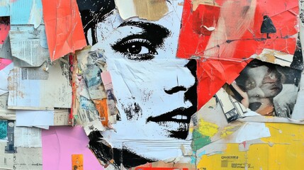 Wall Mural - Abstract Portrait of a Woman on a Torn Poster