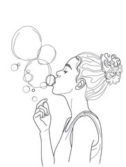 Poster - Woman blowing bubbles outline illustration.