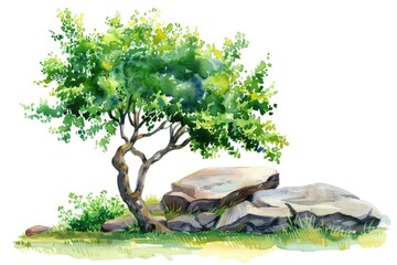 Wall Mural - A whimsical watercolor illustration of a tree surrounded by rocks, perfect for nature-inspired designs or children's book illustrations