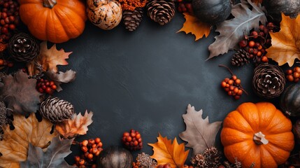 Sticker - Autumn harvest display featuring pumpkins, pinecones, and colorful leaves arranged on a rustic table