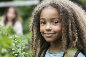 A young girl with curly hair is smiling and looking at the camera