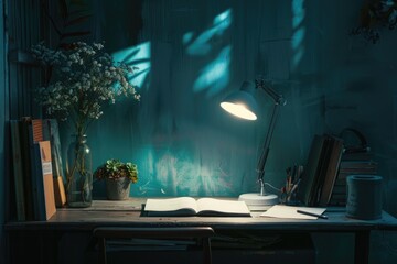 Wall Mural - A quiet workspace with a lamp and a book