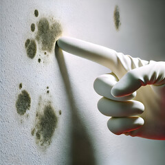 a white wall with visible mold growth beginning to form. A human hand, wearing a rubber glove, is pointing a finger directl