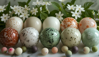 Wall Mural - a group of round objects with white flowers

