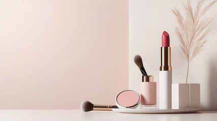 Leinwandbilder - A collection of cosmetic products, including lipstick, makeup brushes, and powder, elegantly displayed on a light background. Generative AI