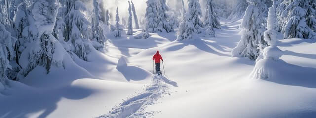 Wall Mural - A person snowshoeing through a serene, snow-covered forest in winter sunlight