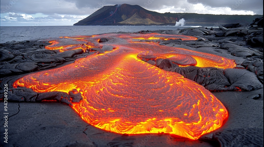 Molten lava flowing into the ocean at night under the starry sky. The ...