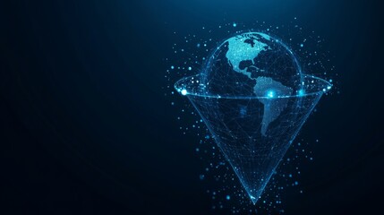 Abstract funnel with data flow and globe Earth on dark blue technology background. Global network metaphor. Big data concept. Low poly wireframe vector illustration in futuristic hologram style. With 