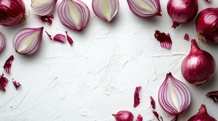 Red Onions and Their Peels on White Background