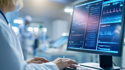 Poster - A woman is typing on a computer monitor in a hospital setting