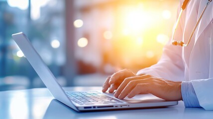 Wall Mural - A doctor is typing on a laptop computer