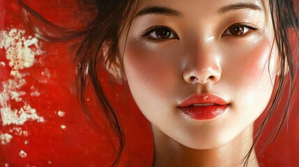 Wall Mural - Close-up Portrait of a Woman with Red Lips and Brown Eyes