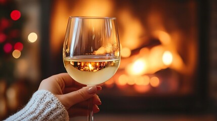 A warm, festive evening by the fireplace, enjoying a glass of white wine with a beautifully decorated Christmas tree in the background.