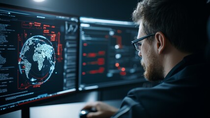 A man is sitting in front of two computer monitors