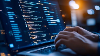 A person is typing on a laptop computer with a blue screen displaying code