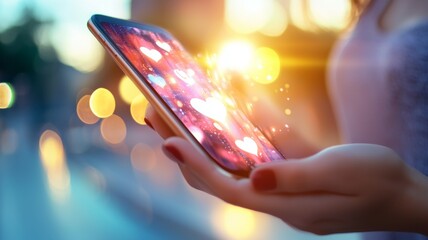 A woman is holding a cell phone with a heart symbol on it