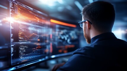 A man is looking at a computer screen with a lot of numbers and lines